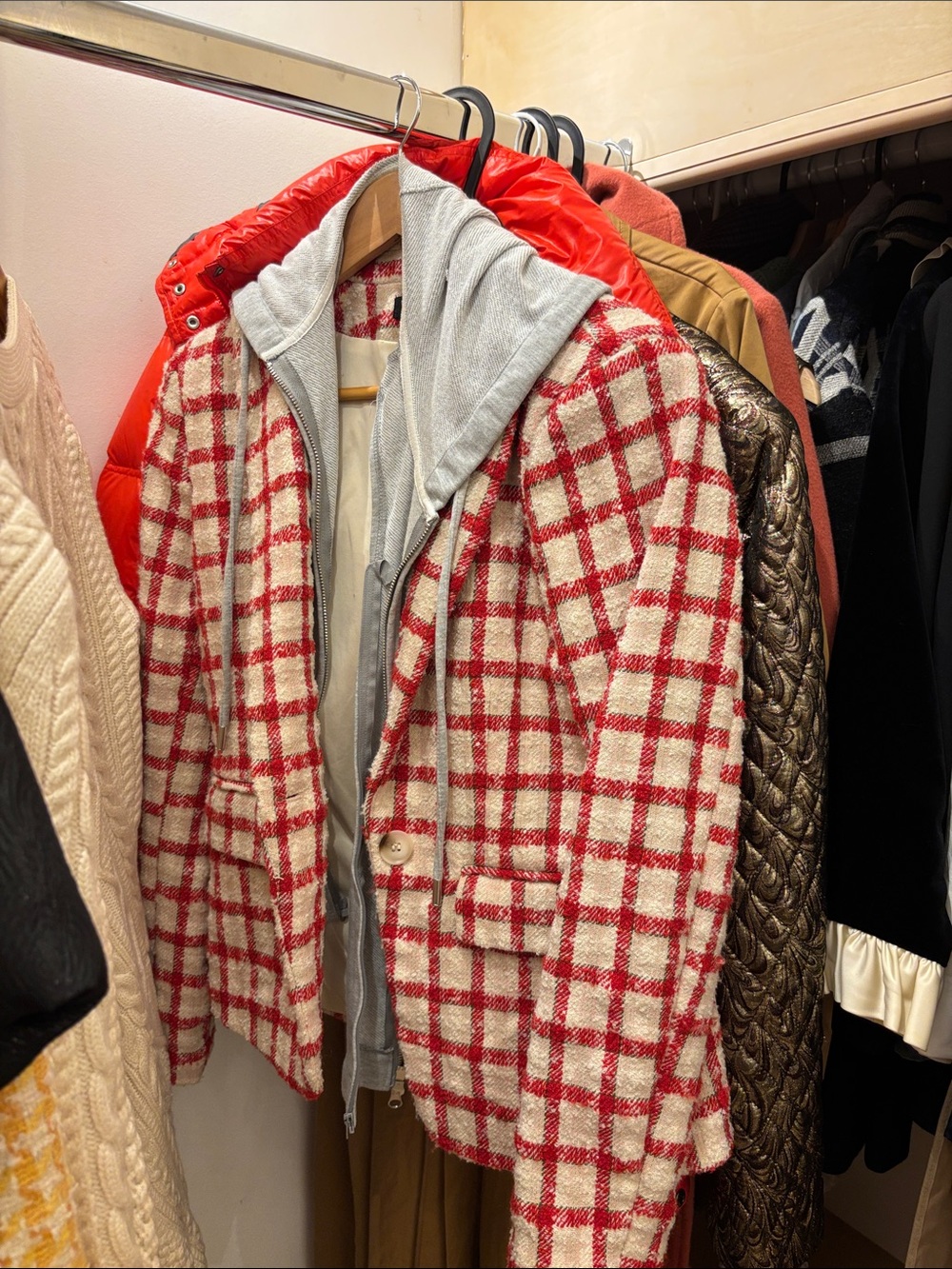 Central Park West Red and Cream Plaid Blazer with Grey Hoodie Layer